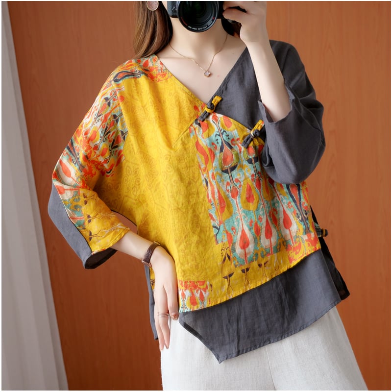 Women's Irregular Retro Printed Diagonal Ramie Buttoned Shirt 1