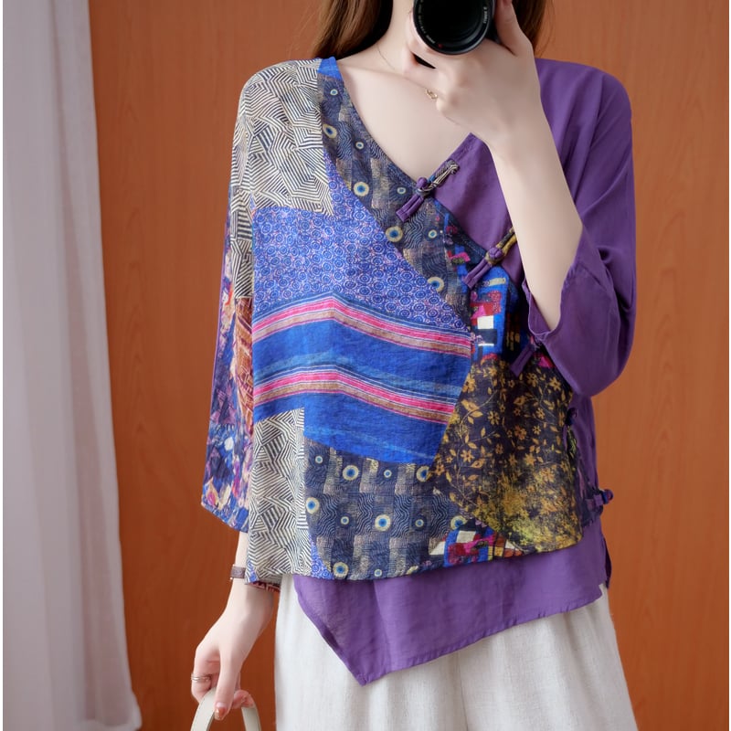 Women's Irregular Retro Printed Diagonal Ramie Buttoned Shirt 11