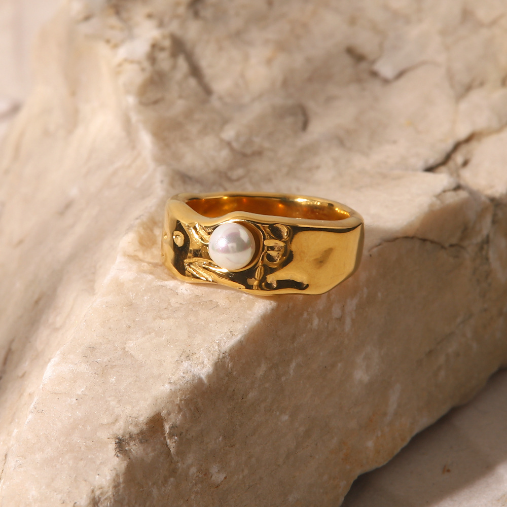 18K Gold Plated Stainless Steel Lava Pearl Ring 2