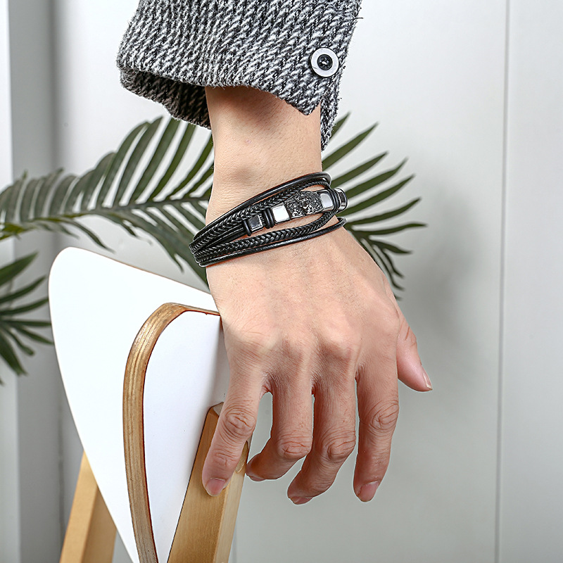 Men's Multi-layer Stainless Steel Leather Braided Bracelet Image 2