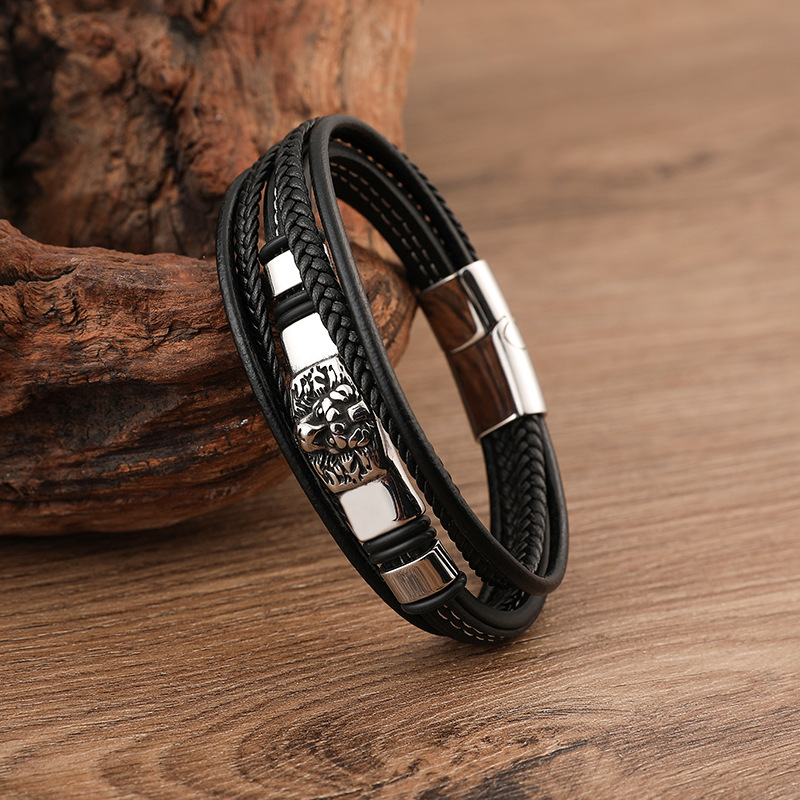 Men's Multi-layer Stainless Steel Leather Braided Bracelet Image 1