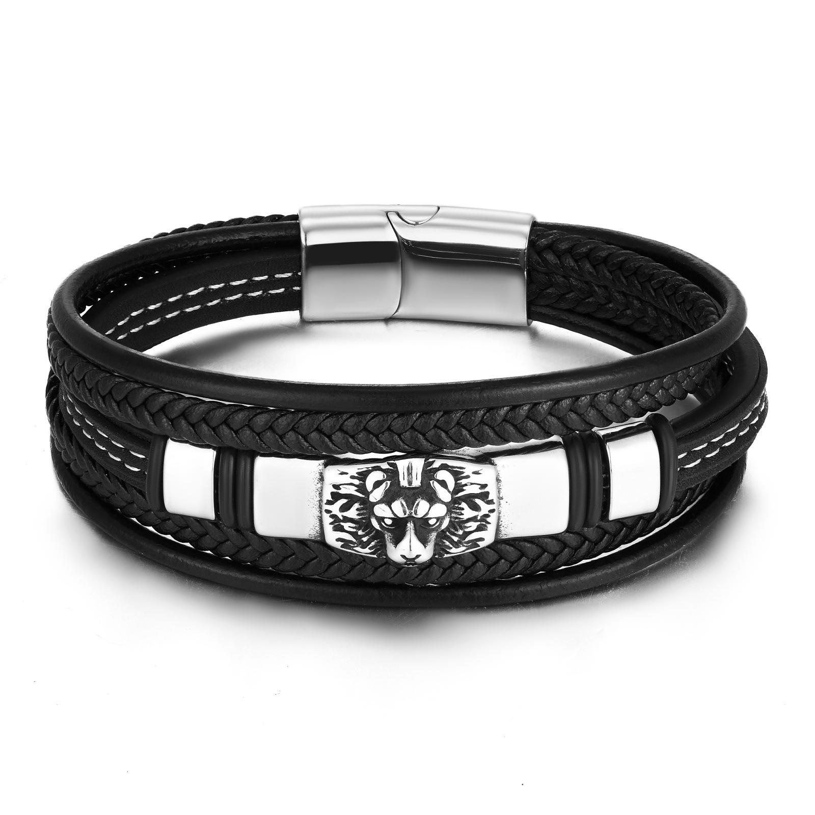 Men's Multi-layer Stainless Steel Leather Braided Bracelet Image 5