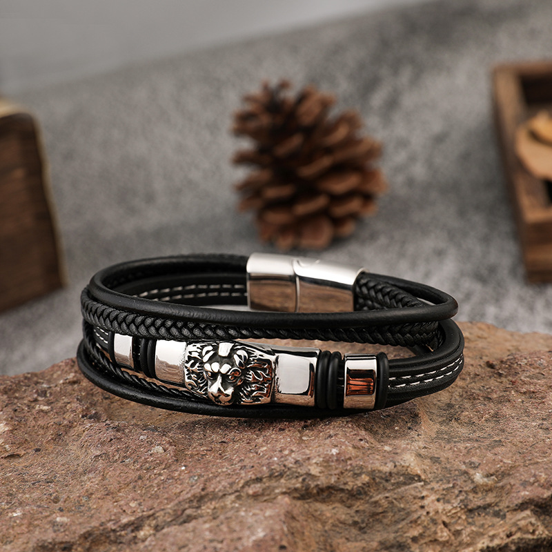 Men's Multi-layer Stainless Steel Leather Braided Bracelet Image 3