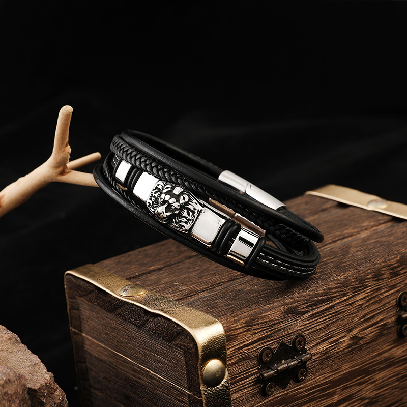 Men's Multi-layer Stainless Steel Leather Braided Bracelet Image 4