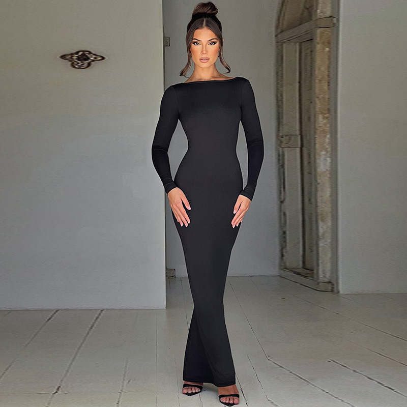 Fashion Sexy Backless Pleated Slim Solid Color Dress Image 2