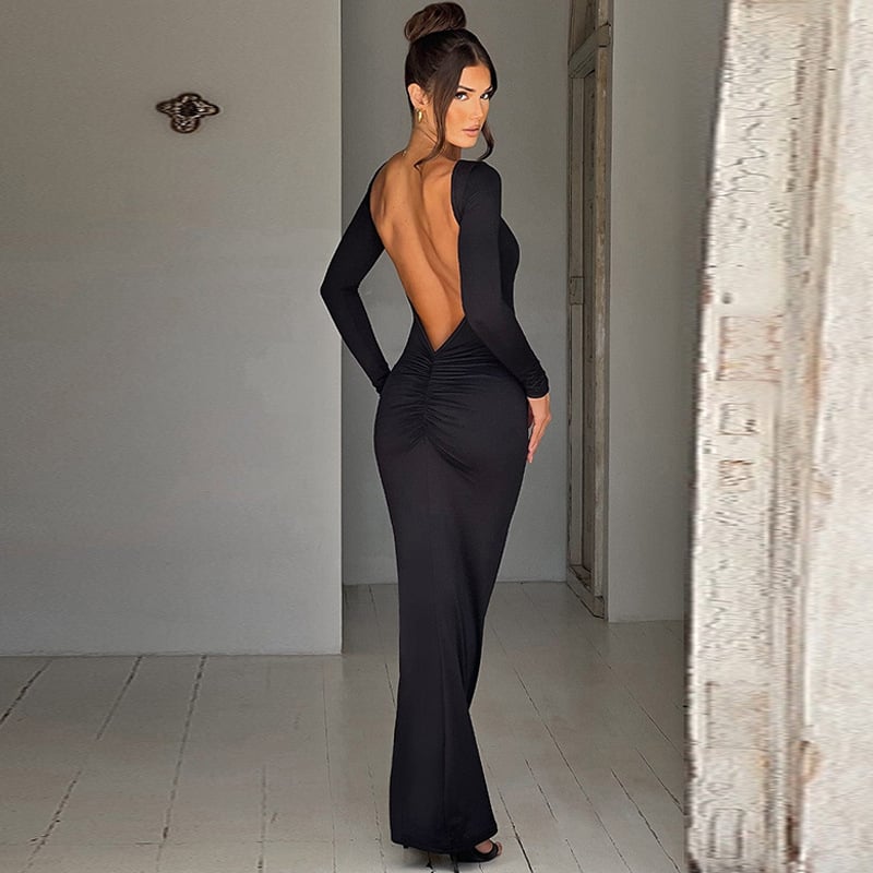 Fashion Sexy Backless Pleated Slim Solid Color Dress Image 18