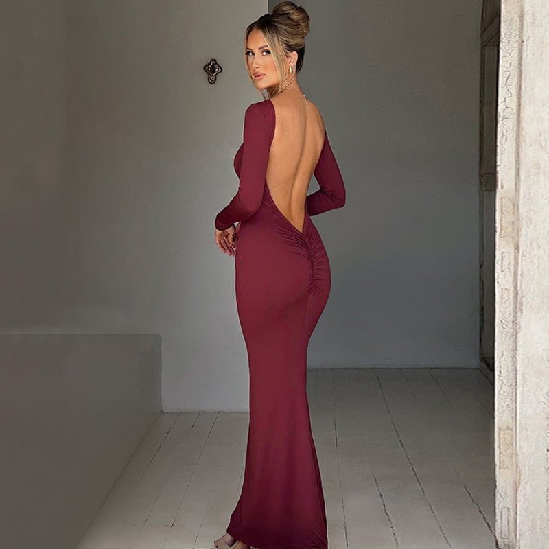 Fashion Sexy Backless Pleated Slim Solid Color Dress Image 22