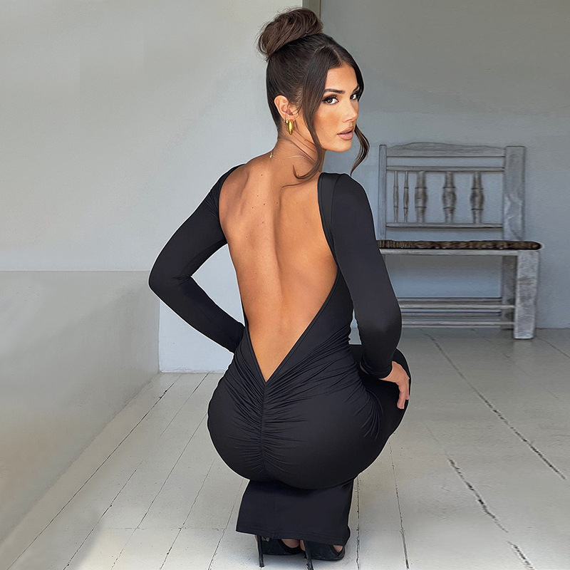 Fashion Sexy Backless Pleated Slim Solid Color Dress Image 13