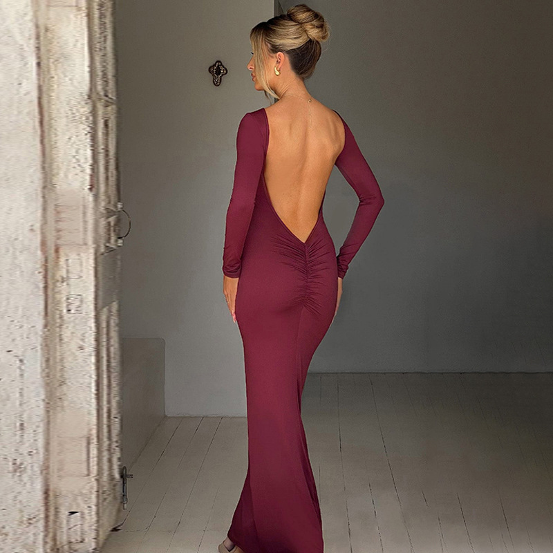 Fashion Sexy Backless Pleated Slim Solid Color Dress Image 7