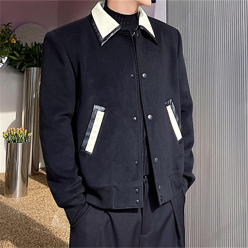 Men's Wool Contrast Leather Lapel Jacket - View 3