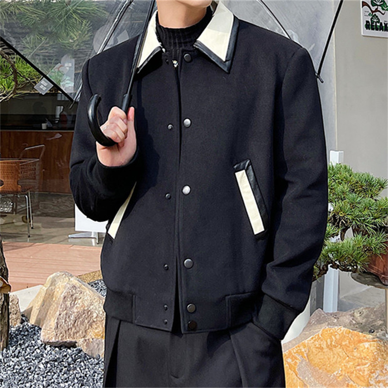 Men's Wool Contrast Leather Lapel Jacket - View 4