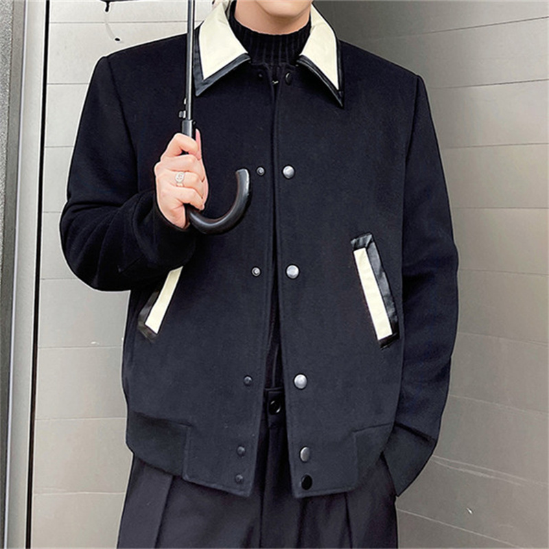 Men's Wool Contrast Leather Lapel Jacket - View 1