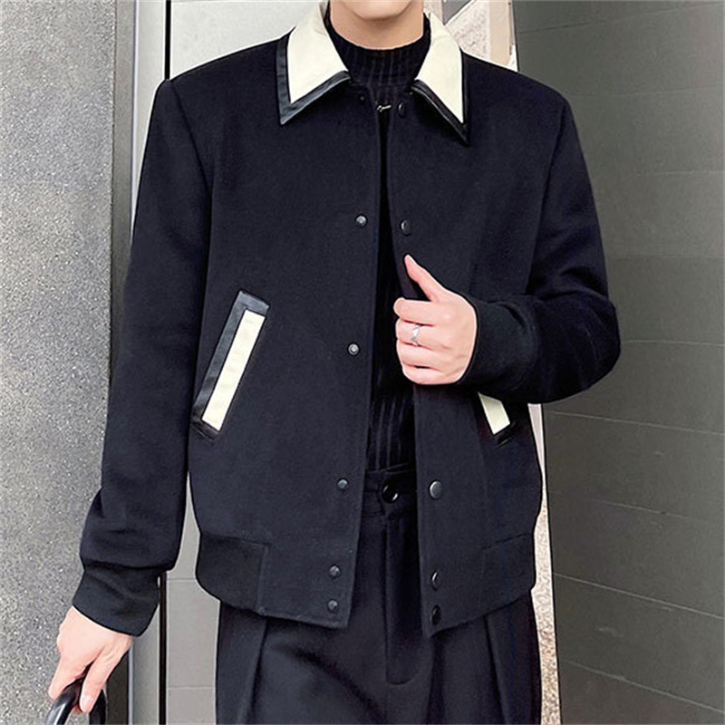 Men's Wool Contrast Leather Lapel Jacket - View 6