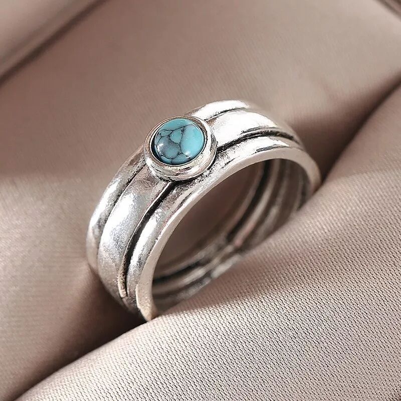 Turquoise Bohemian Retro Carved Personality Ring 1