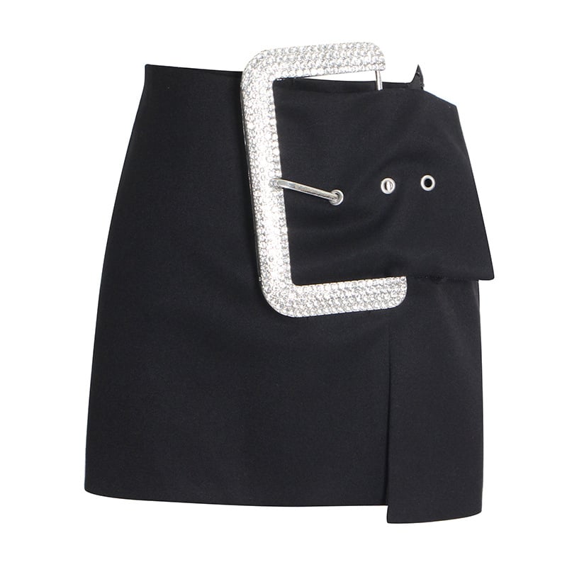 Belt Slit Mini Skirt with Big Diamond Buckle