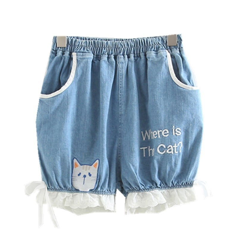 Embroidered Jean Shorts - Cat Head 1