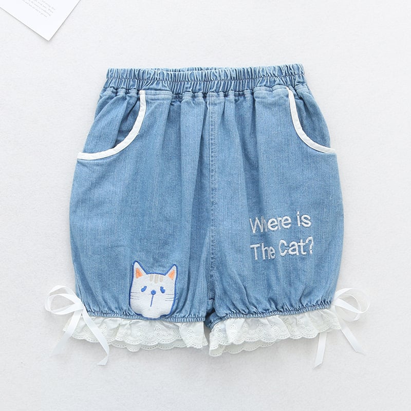 Embroidered Jean Shorts - Cat Head 2