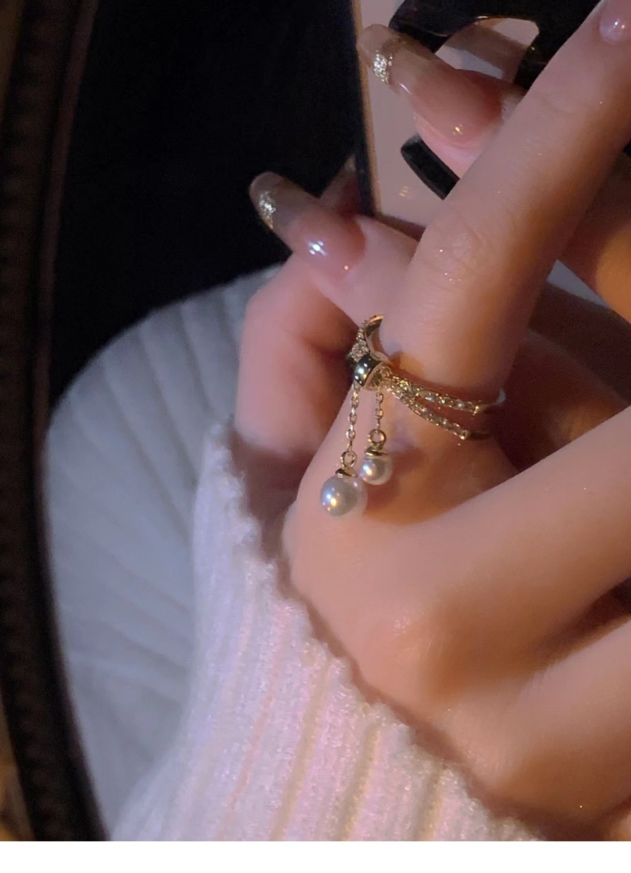 Electroplated Baroque Pearl Zircon Tassel Double-layer Ring Image 1