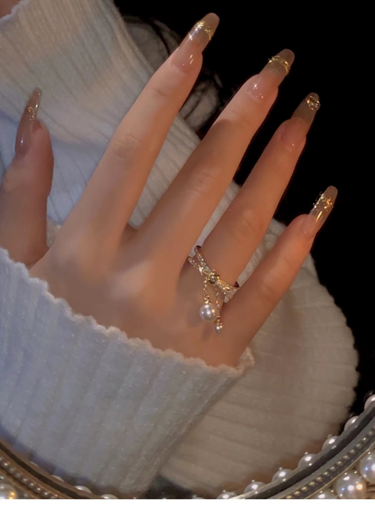 Electroplated Baroque Pearl Zircon Tassel Double-layer Ring Image 4