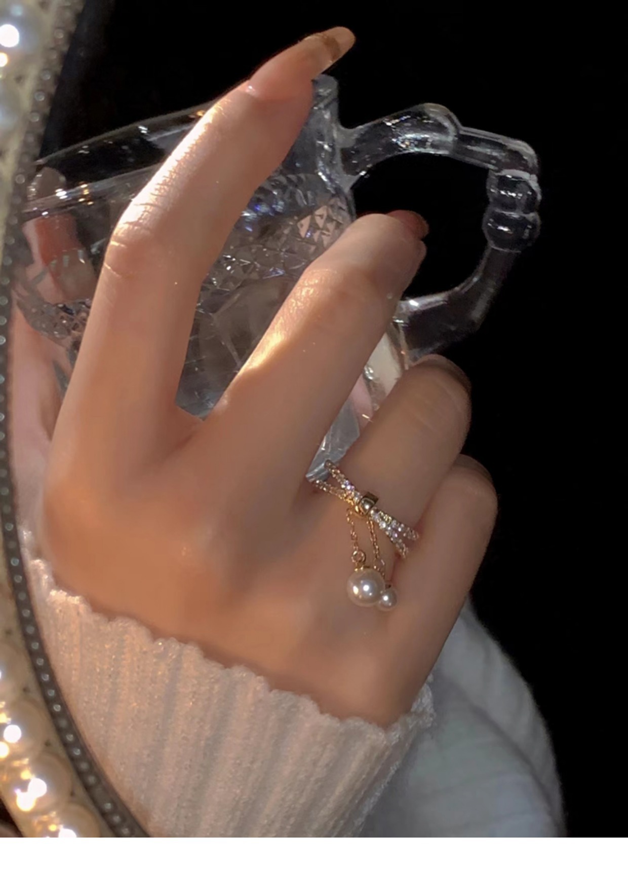 Electroplated Baroque Pearl Zircon Tassel Double-layer Ring Image 2