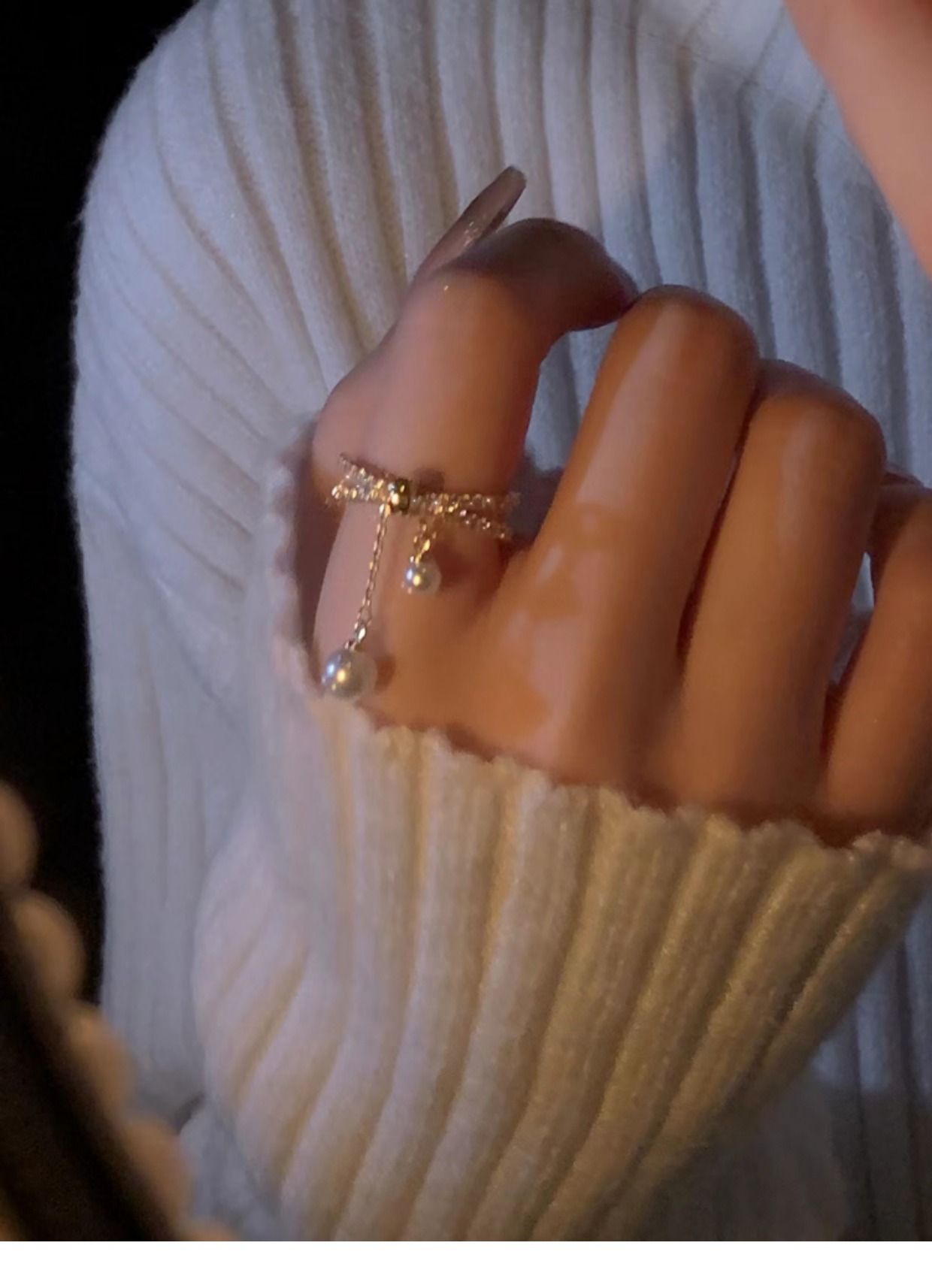 Electroplated Baroque Pearl Zircon Tassel Double-layer Ring Image 3