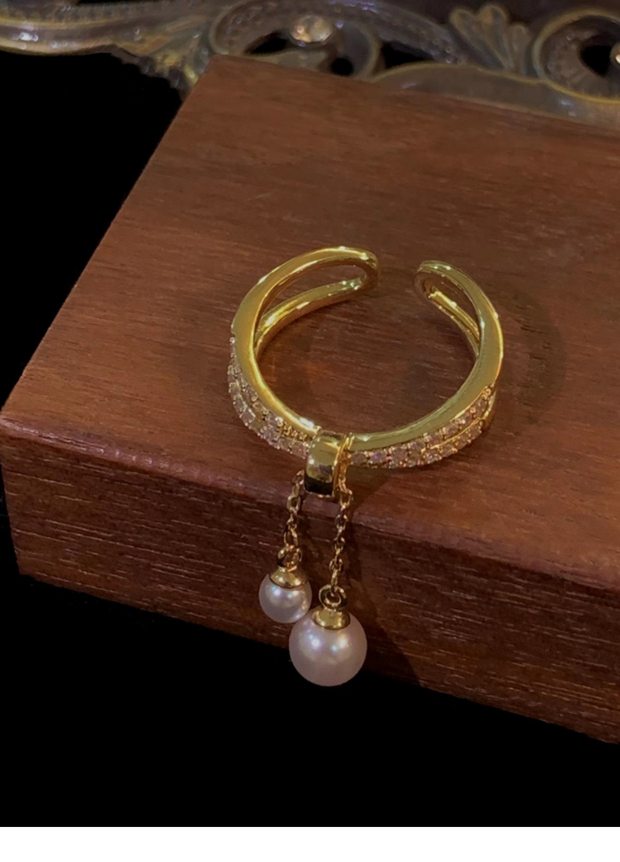 Electroplated Baroque Pearl Zircon Tassel Double-layer Ring Image 5
