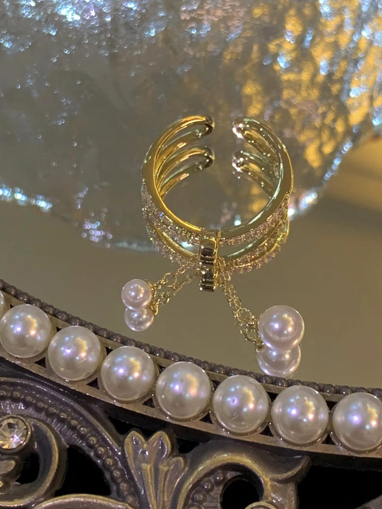 Electroplated Baroque Pearl Zircon Tassel Double-layer Ring Image 6