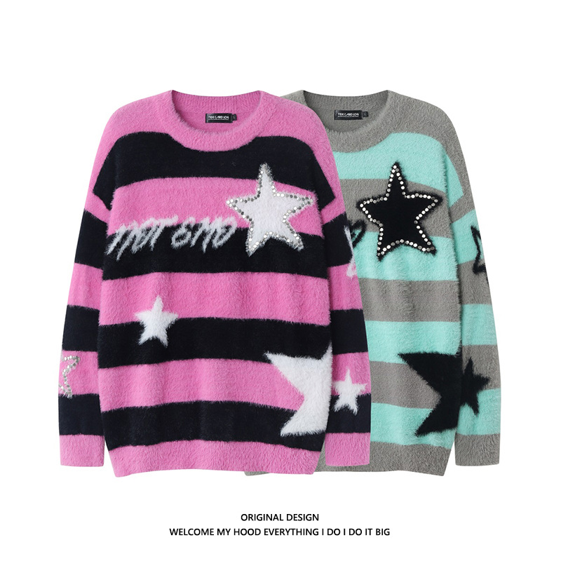 American-style Lazy Striped Rivet Sweater in Use