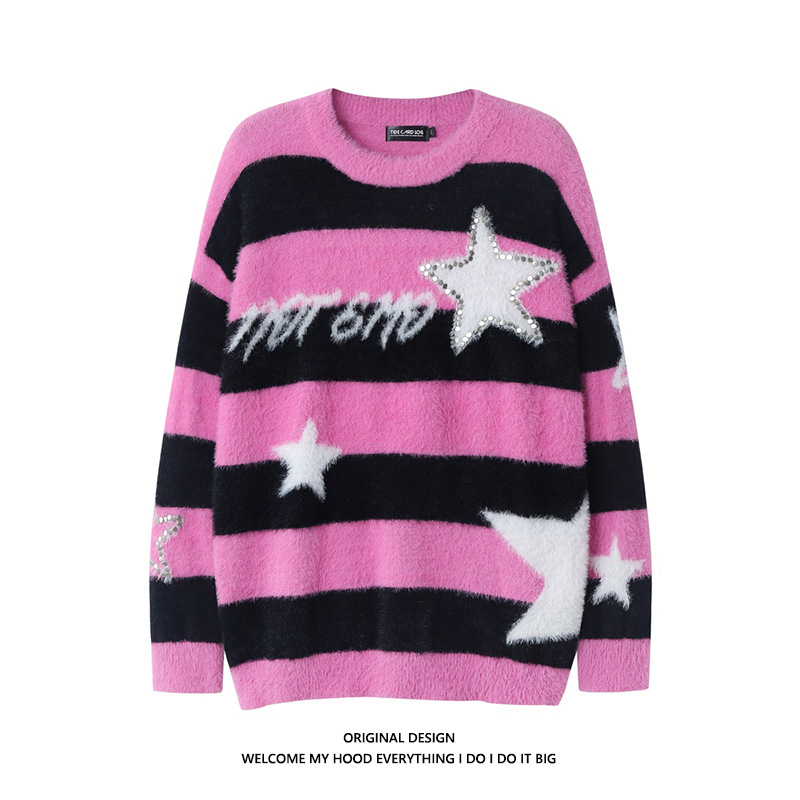 American-style Lazy Striped Rivet Sweater Closeup