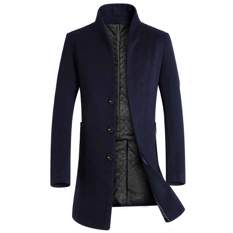 Men's Casual Woolen Coat - Navy Blue