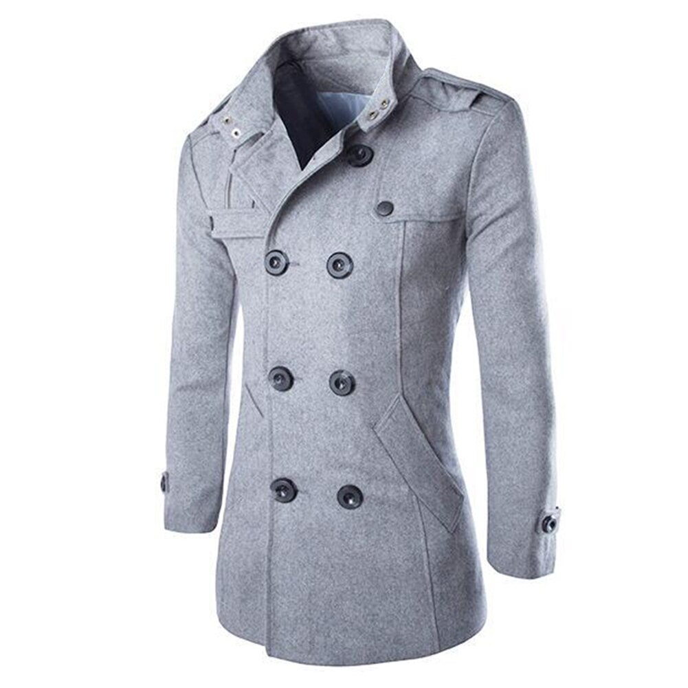 Men's Stand Collar Long Sleeve Wool Trench Coat Image 5