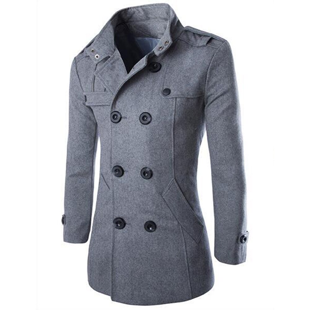 Men's Stand Collar Long Sleeve Wool Trench Coat Image 4