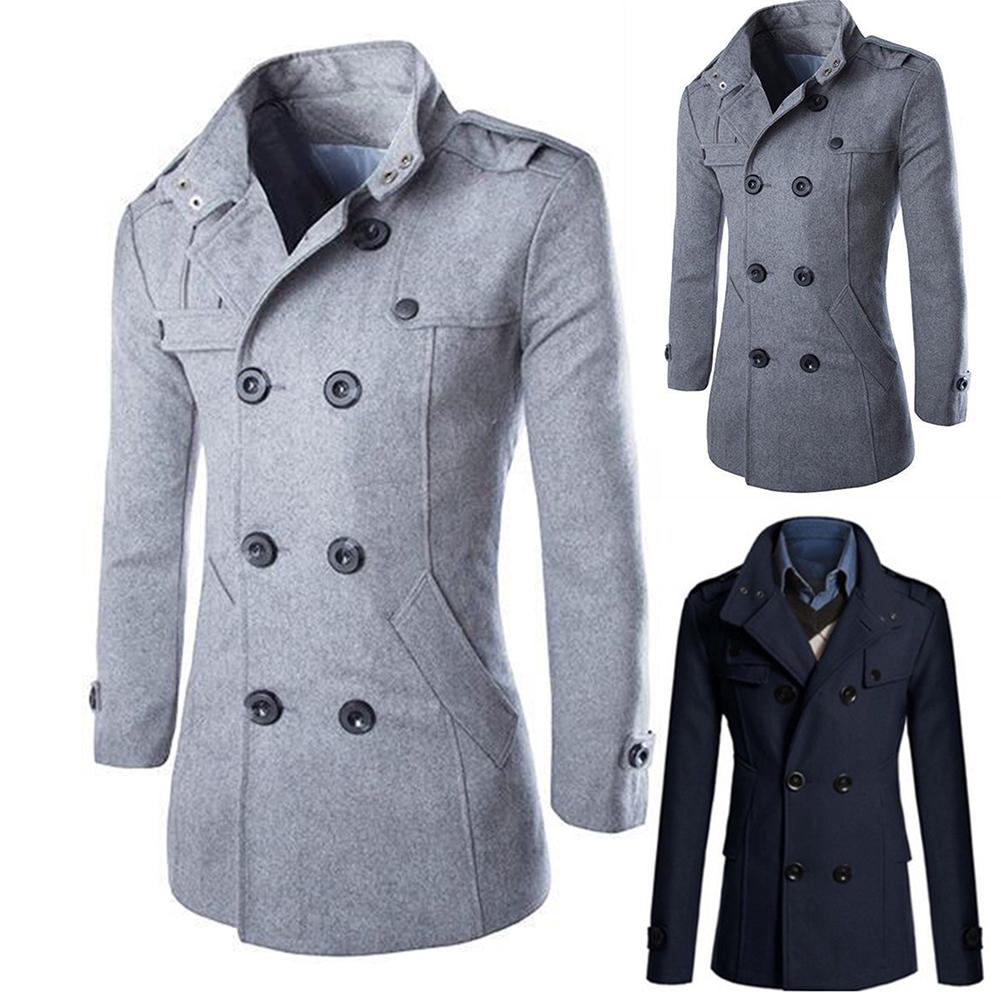 Men's Stand Collar Long Sleeve Wool Trench Coat Image 2